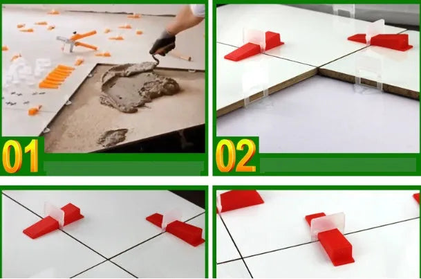 Orange plastic tile leveling wedges and white base clips on a tiled floor, with a rubber hammer nearby