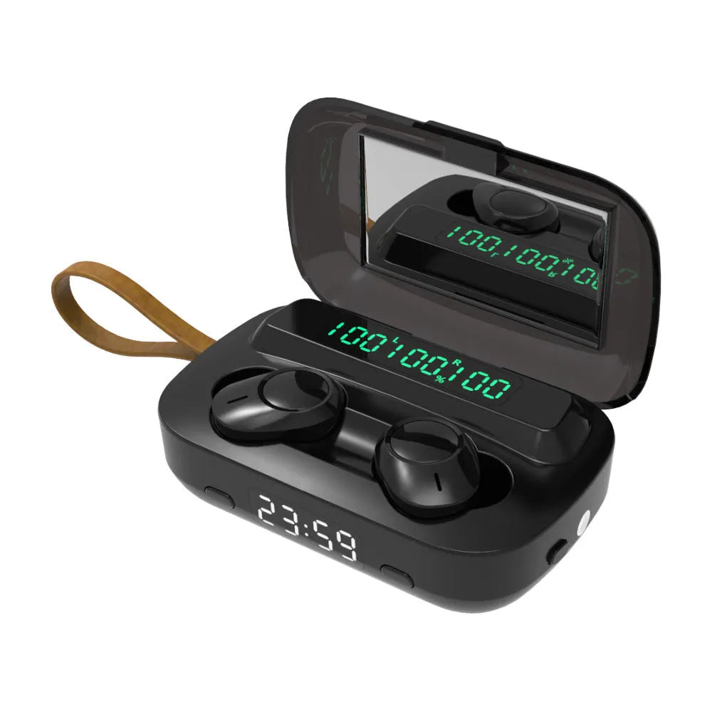 Bluetooth headset binaural earbuds with LED battery display and voice control, black