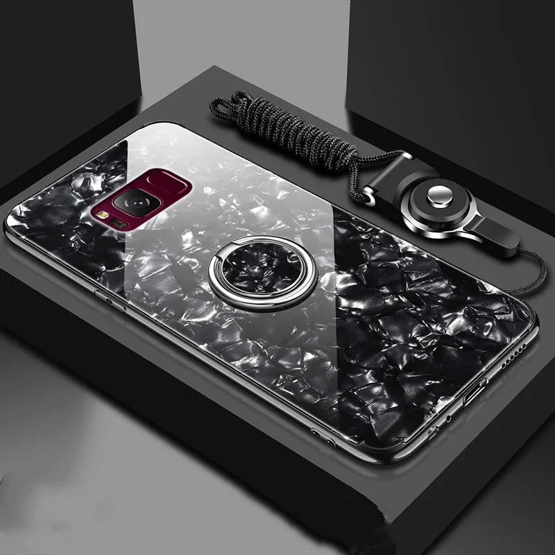 Tempered glass phone case for Samsung Galaxy S8 and S9 in black, pink, red, and white colours.