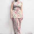 Long sleeve printed chiffon co-ord set with high waist dress and separate top.