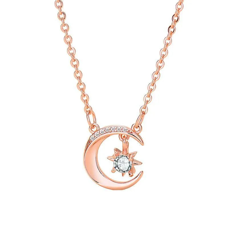 Star moon copper pendant necklace with mixed gem inlay and adjustable O-shaped chain