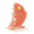 Blue fish-shaped cat wall scratcher toy with brush, catnip balls, and a bell on a white base.