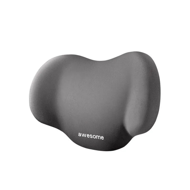 Grey geometric-patterned car headrest pillow and lumbar support cushion set on a car seat.