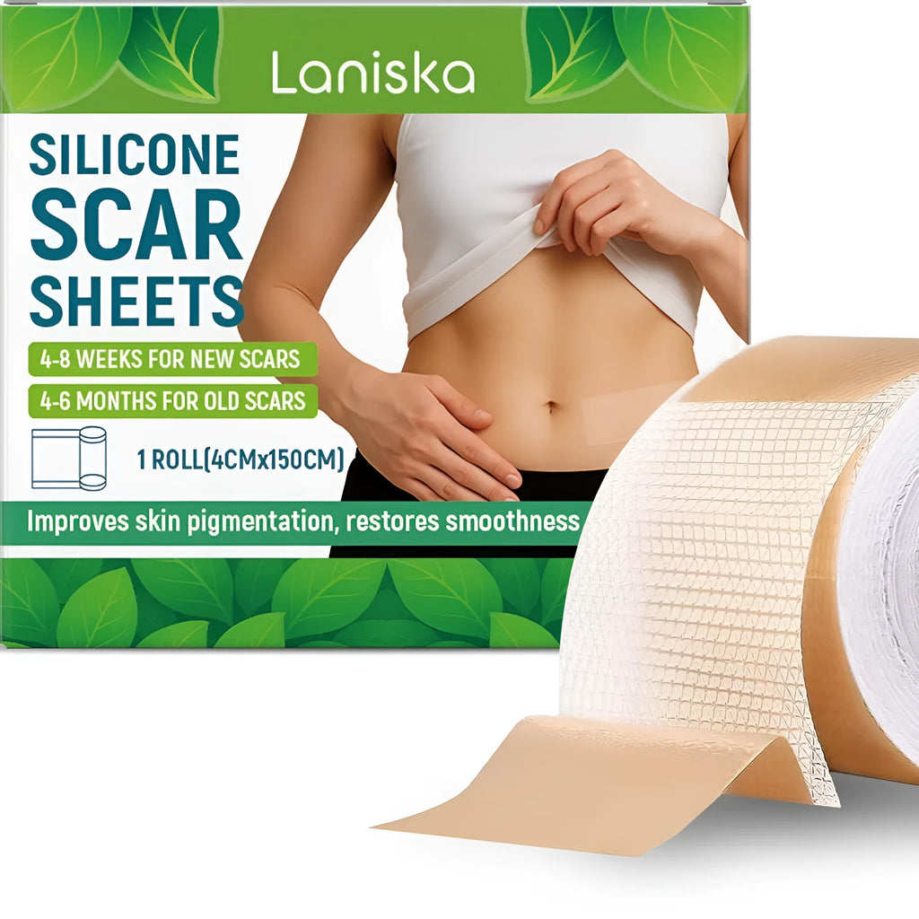 Roll of silicone scar sheets showing tea tree oil and aloe extract formula with 4cm width measurement