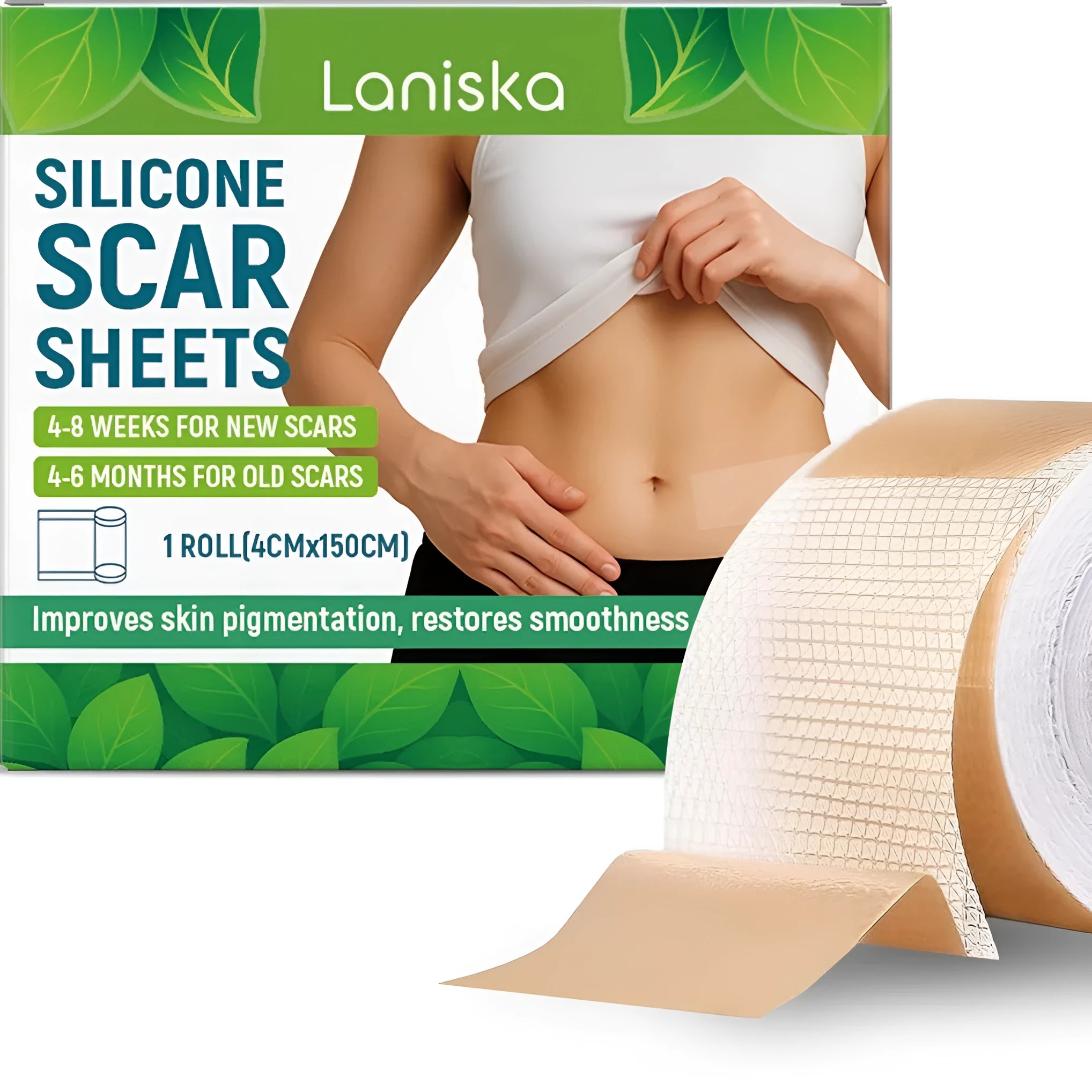 Roll of silicone scar sheets showing tea tree oil and aloe extract formula with 4cm width measurement