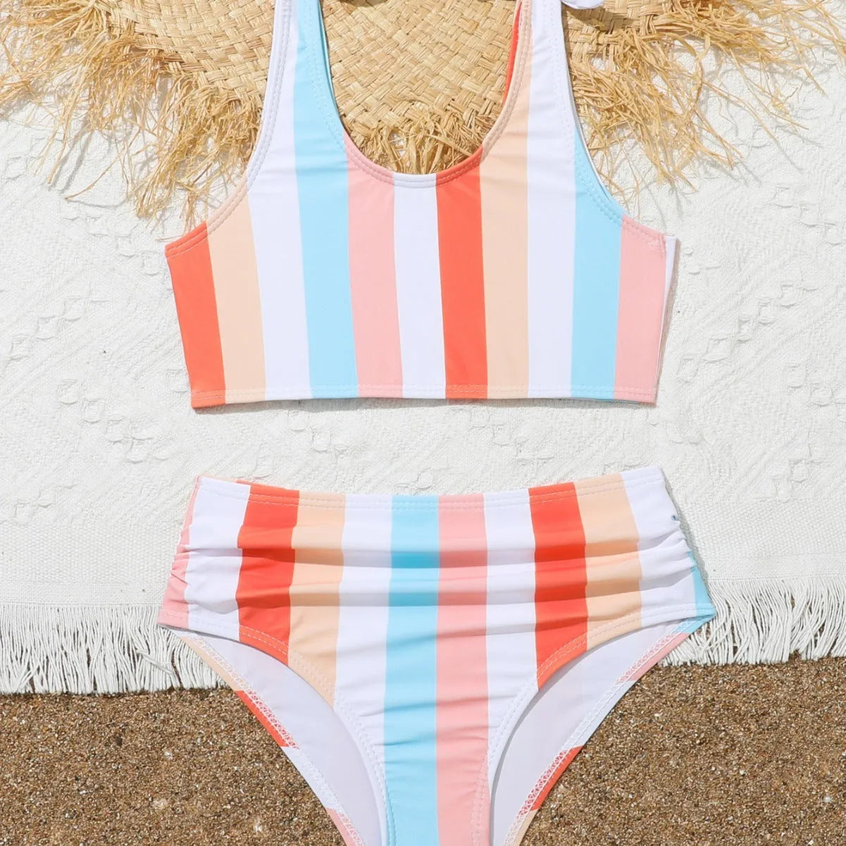 Girls' plaid print two-piece swimsuit briefs set with a bra top, made from polyester.