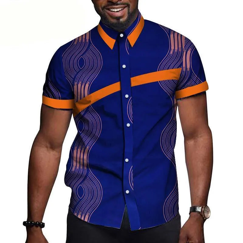 African men cotton printed short sleeve T shirt colourblock lapel collar fitted leisure top