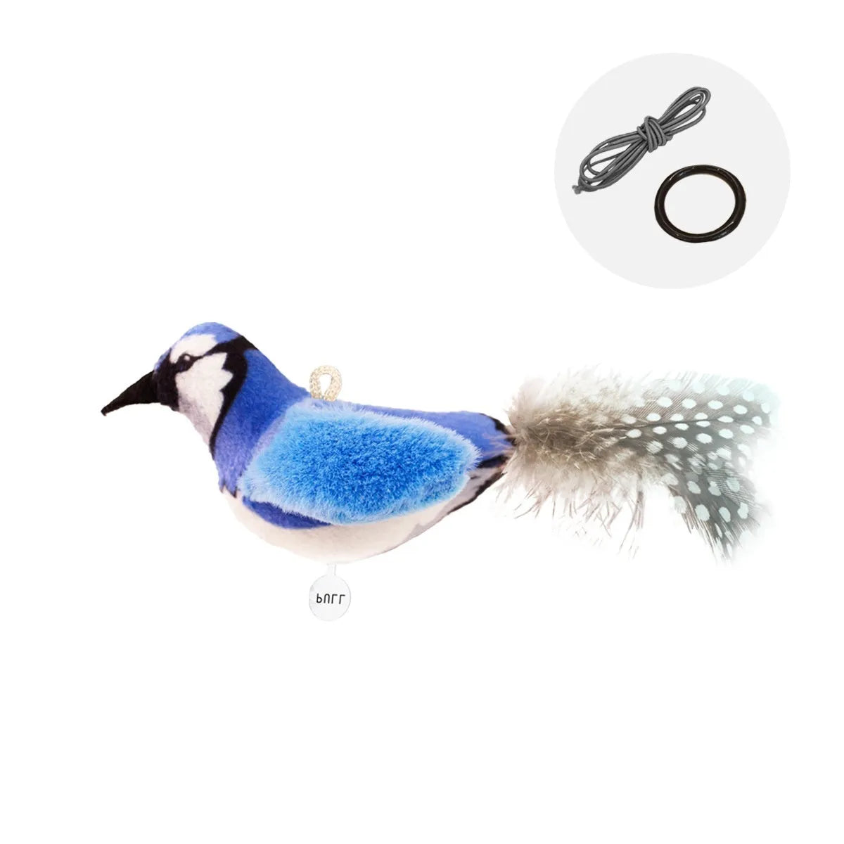 Bird simulation cat toy showing colourful plush bird designs including blue kingfisher and sparrow variants