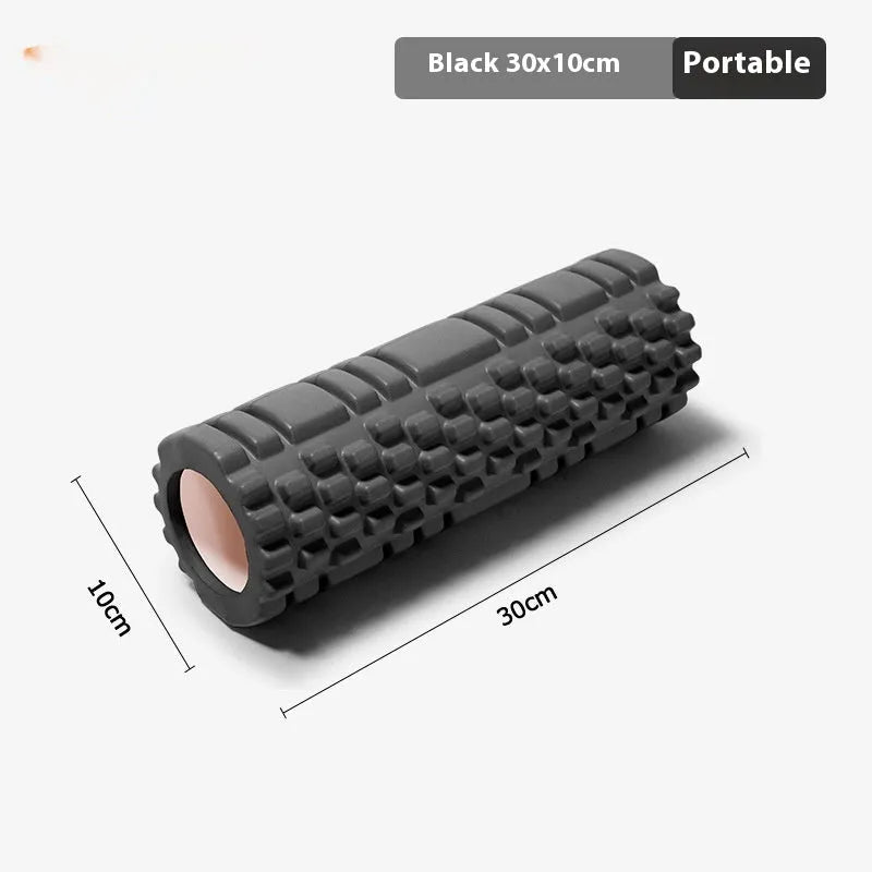 EVA foam fitness roller shown in various colours including black, pink, and blue.