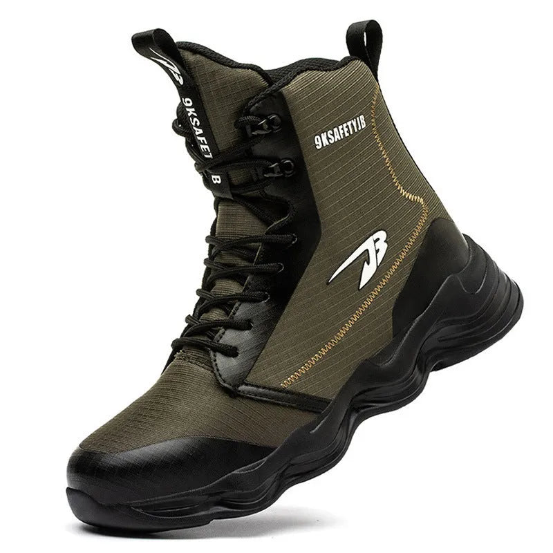 Men's black anti-chemical safety shoes with steel toe cap and leather high upper