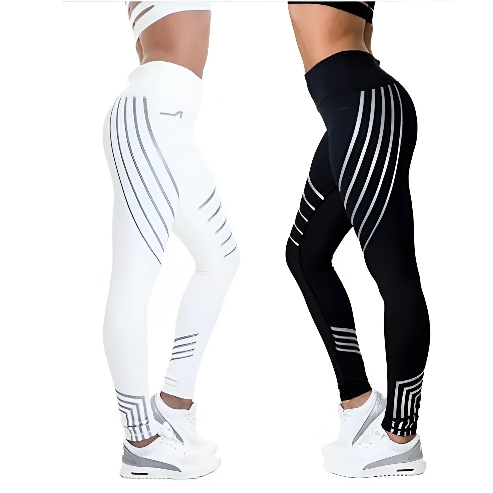 Women's black workout leggings with a glowing print pattern on the legs.