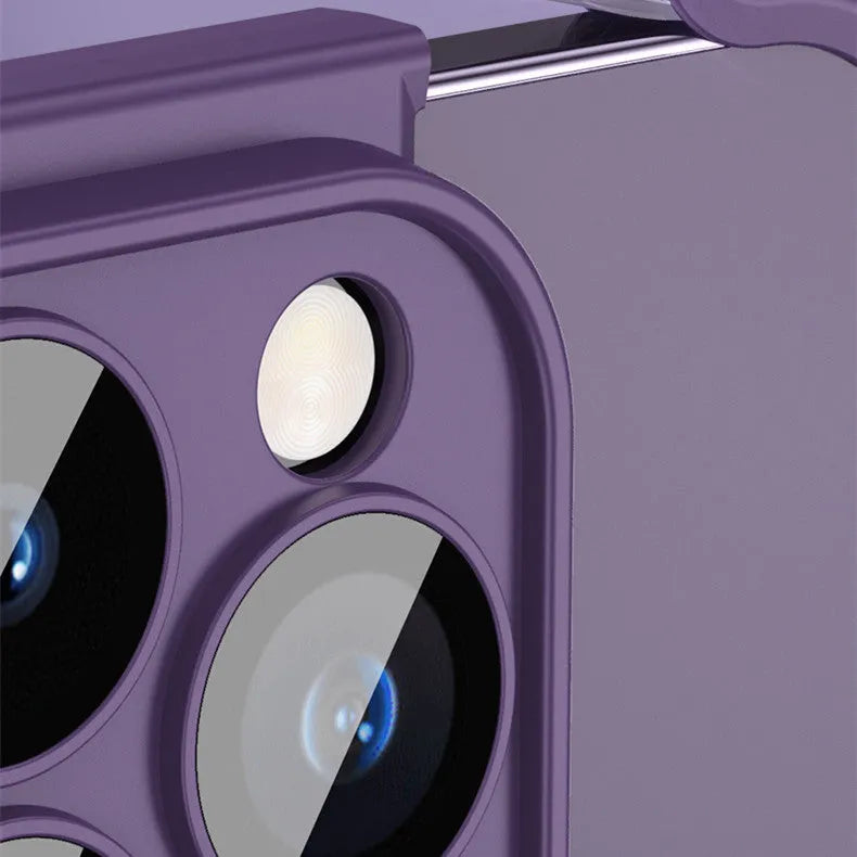 Dark purple corner-pad TPU mobile phone case for iPhone with integrated glass camera lens film.