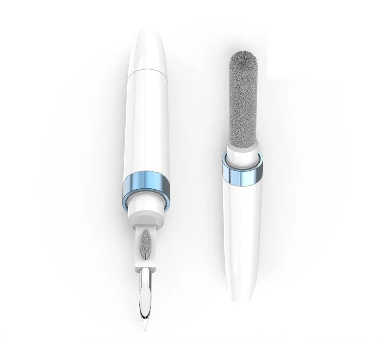 Blue headphone cleaning pen with stainless steel nib and brush, shown with flocking sponge extended.