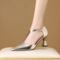 Women's genuine leather hollowed sandals with pointed toe in gold and silver colour options