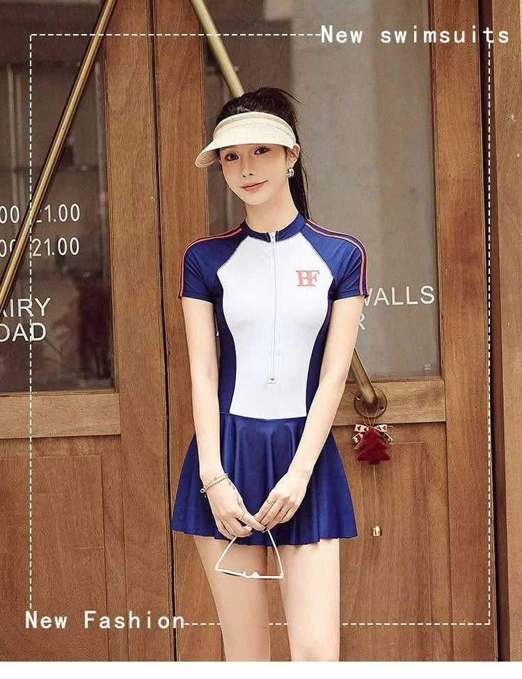 Conservative ladies sports one-piece swimsuit with colour-matched pattern for athletic activities