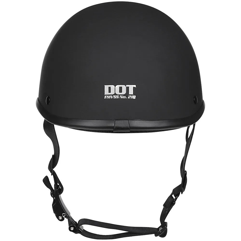 Retro style curved motorcycle helmet on stand, shown in matte black finish.