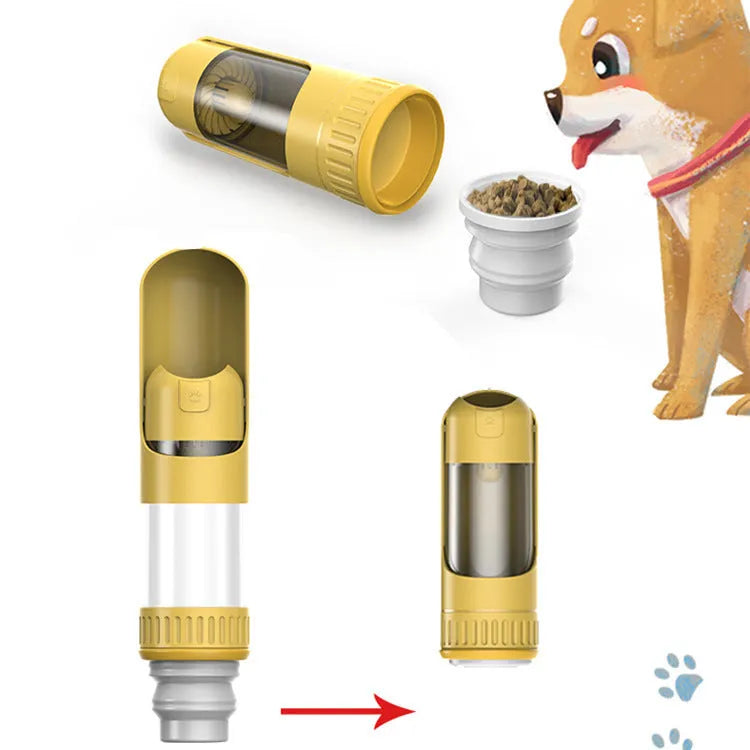 Dark blue portable dog water bottle with an attached drinking bowl, held in hand.