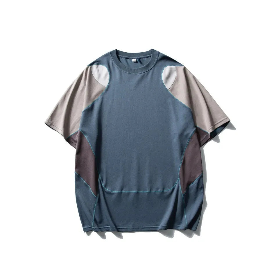 Men's loose patchwork contrast colour sports T-shirt with raglan short sleeves in cotton blend fabric