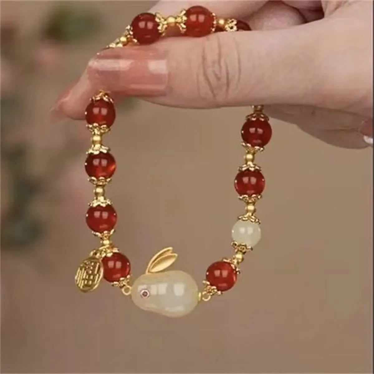 Handmade Chinese national style bracelet with peace buckle clasp and coloured glass rabbit charm