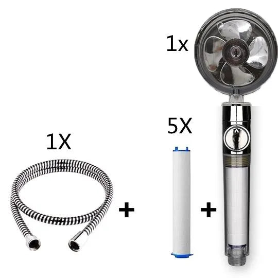 Blue handheld shower head with stop button and turbo nozzle on a chrome bracket.