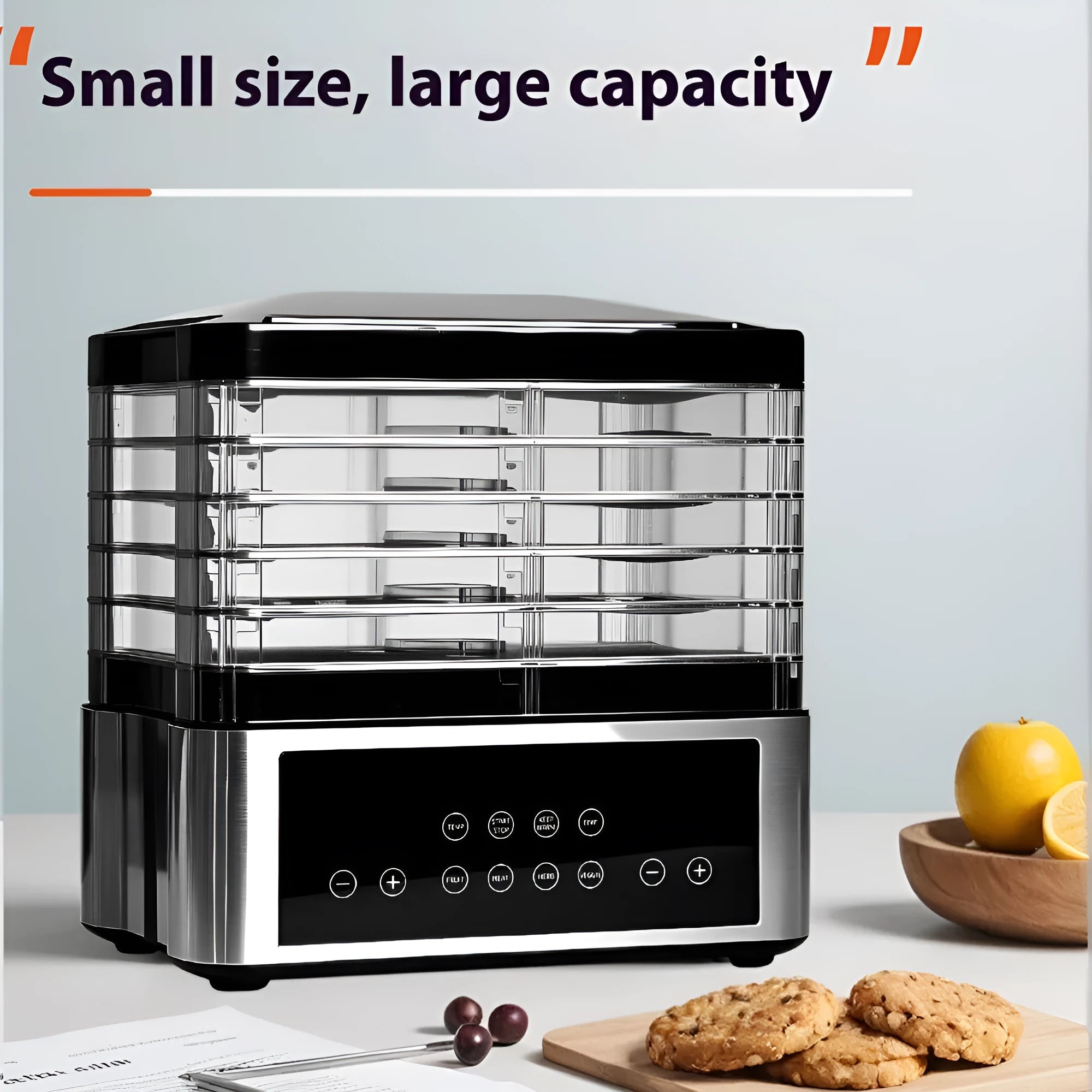 Silver stainless steel fruit dehydrator with multiple drying trays and digital temperature controls