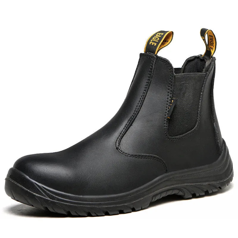 Black leather safety boots with high-top design and anti-piercing sole for workplace protection