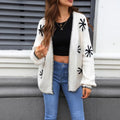 Women's plus size jacquard floral pattern knitted coat in beige colour with loose-fitting cardigan design