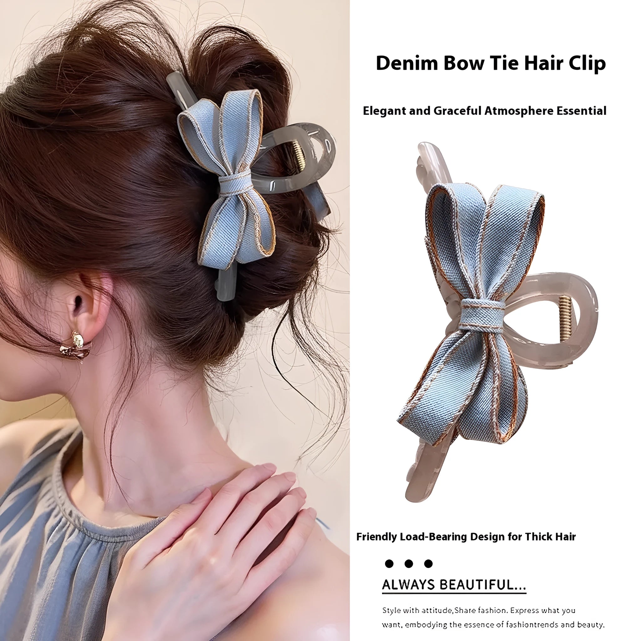 Blue denim bow barrette with cloth bow and metal clip on women back head hair