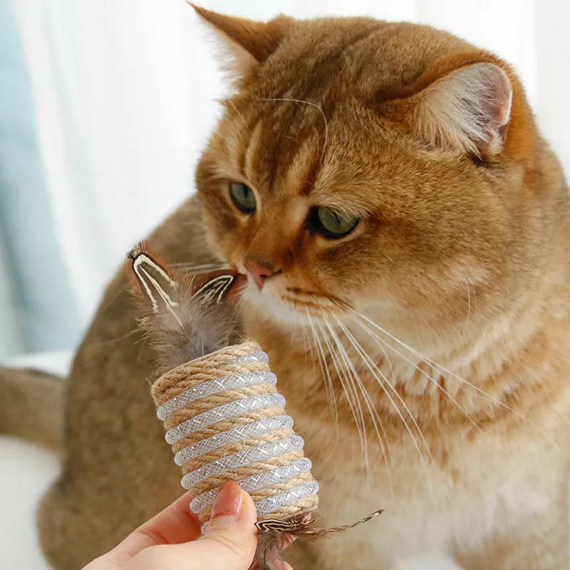 Beige interactive cat toy with hemp rope scratching post, colourful feathers, and a rolling sound mechanism.