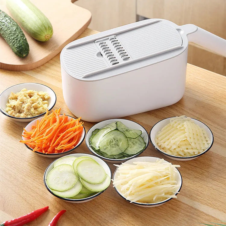 Nordic style multifunctional vegetable cutter with stainless steel blades in blue, grey, or khaki colours