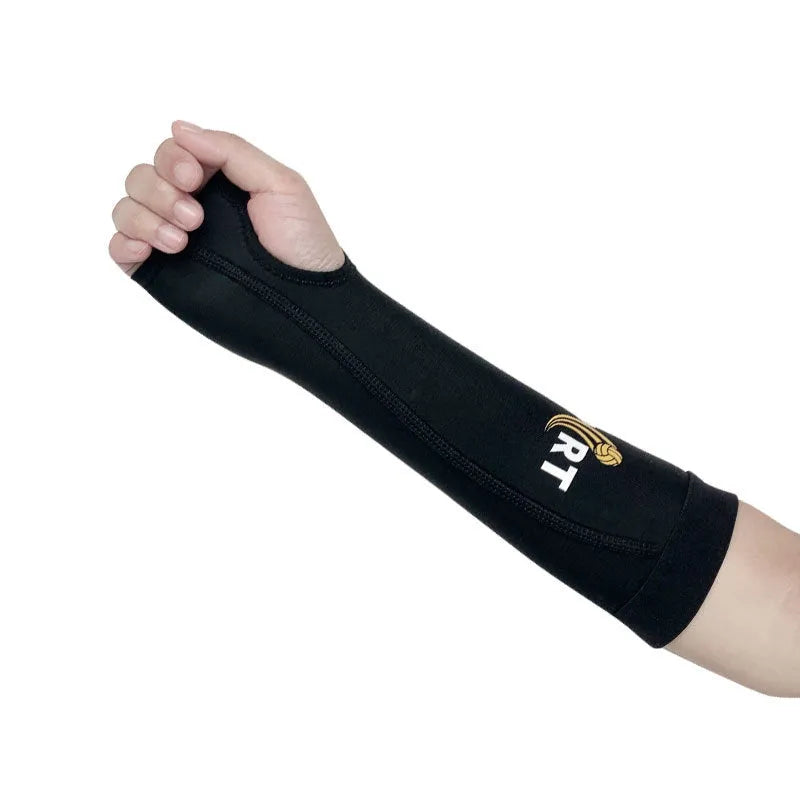 Cool night black volleyball armguards pair with lengthened wristband and breathable elbow pad coverage.