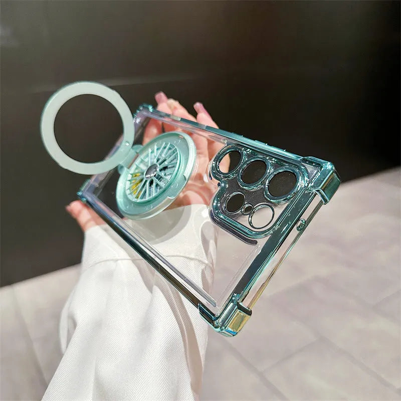 Samsung S23 phone case electroplated cool black with rotating gyro bracket and magnetic suction back