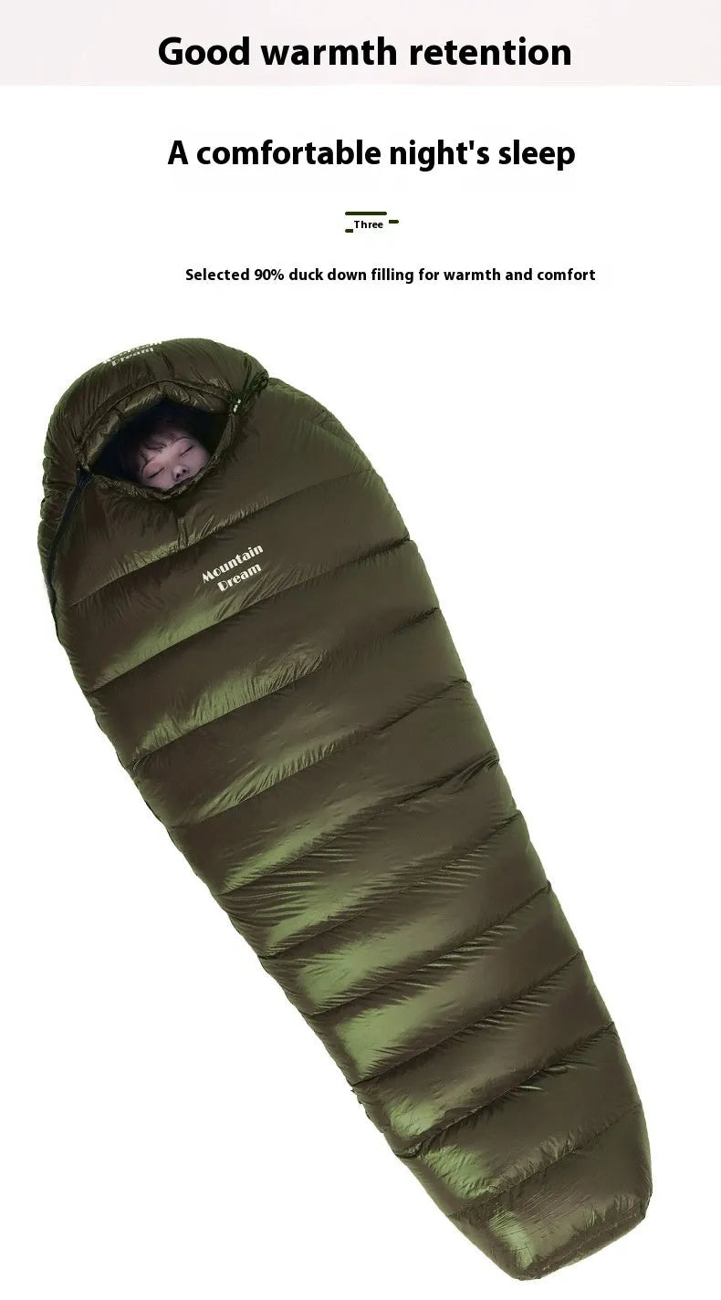 Ultralight mummy sleeping bag in army green colour with white duck down filler and water-repellent nylon fabric.