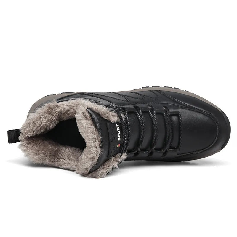 Men's winter boots warm leather shoes black artificial PU upper rubber sole thick plush lining