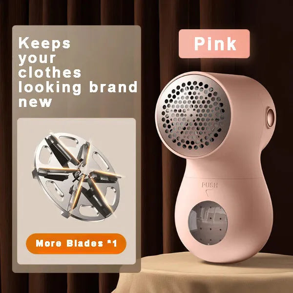 White electric lint remover with LED display showing battery level, placed beside clothing with fabric pilling