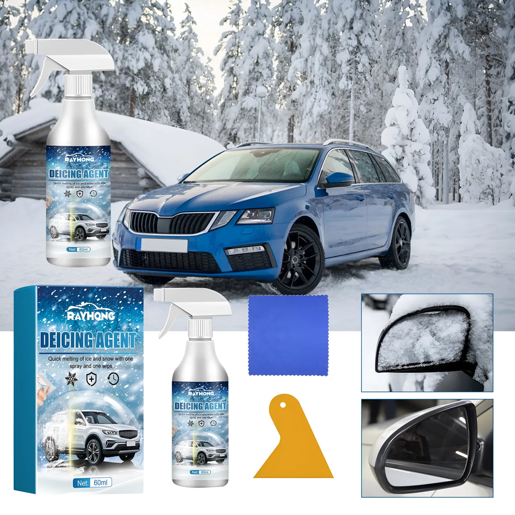 60ml bottle of car ice melting spray with attached cloth scraper on white background.