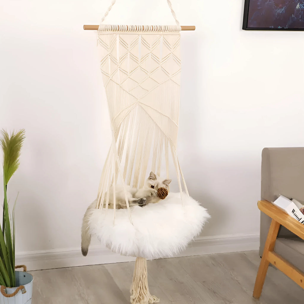 Handmade macrame pet swing cage rectangular plain pattern cotton rope hanging bed for cats