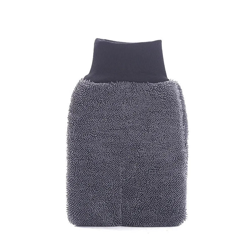 Gray microfiber car cleaning gloves with twisted braid texture, size 16x26cm, lying flat