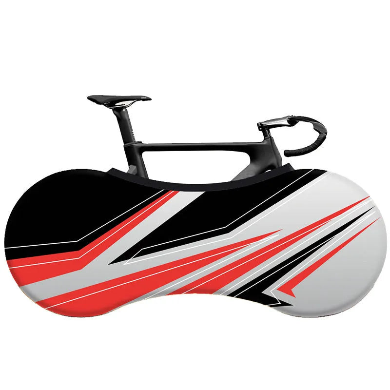 Elastic milk silk bicycle tyre cover with digital sublimation printing in black colour, shown on a bike tyre for protective storage.