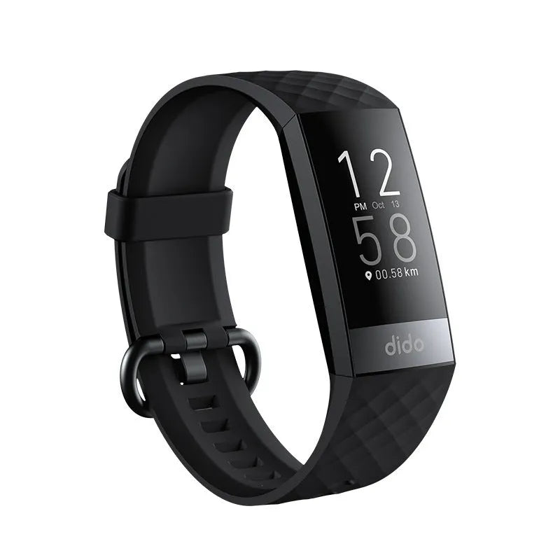 Black smart health bracelet with a 1.1-inch screen displaying heart rate and blood oxygen data on a wrist.