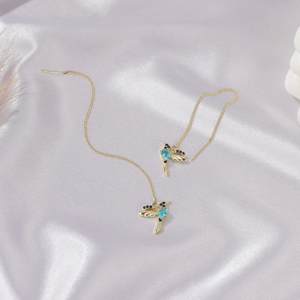 Little bird drop long hanging hummingbird earrings in rose gold finish with crystal tassel pendant