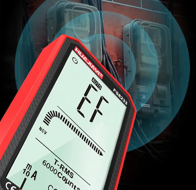 Handheld digital multimeter with large LCD screen showing measurement display