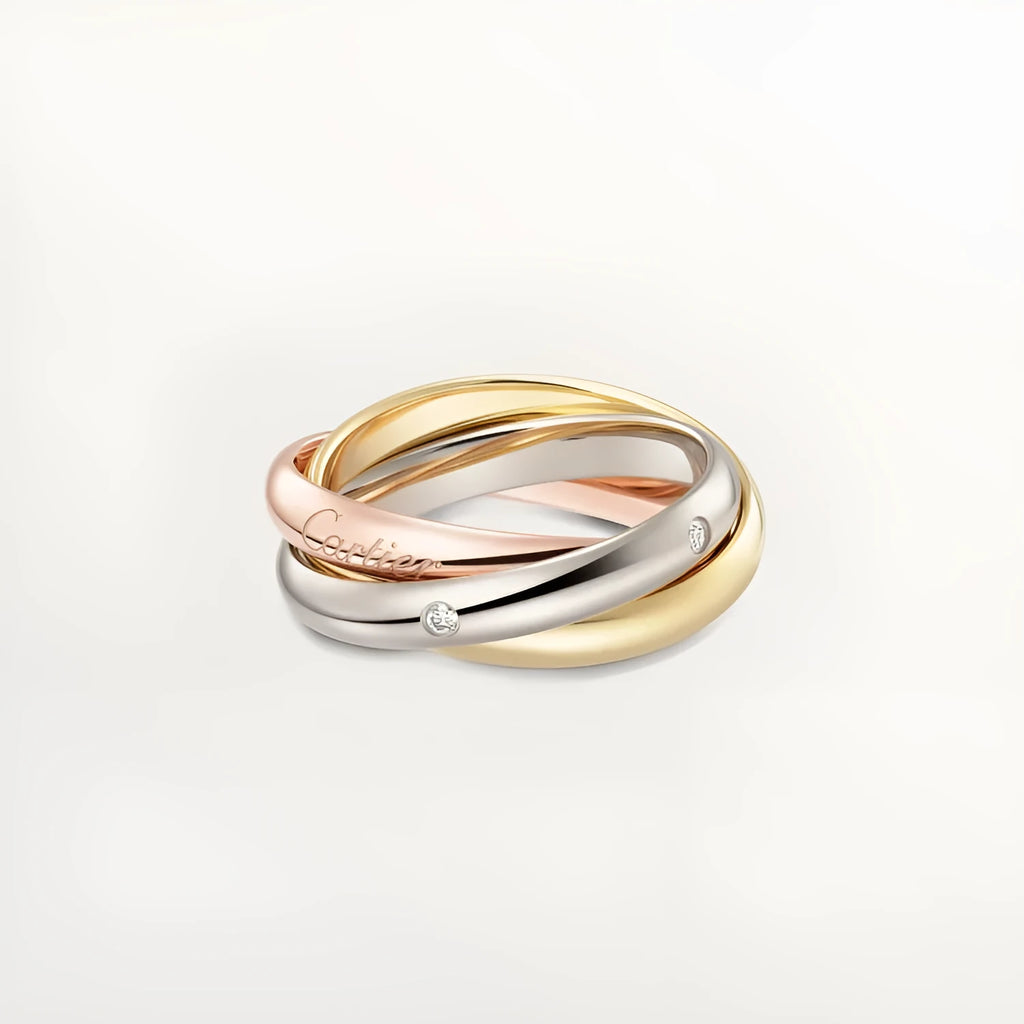Geometric U-shaped sterling silver couple ring with a channel of sparkling diamonds, shown in a gold rose finish.