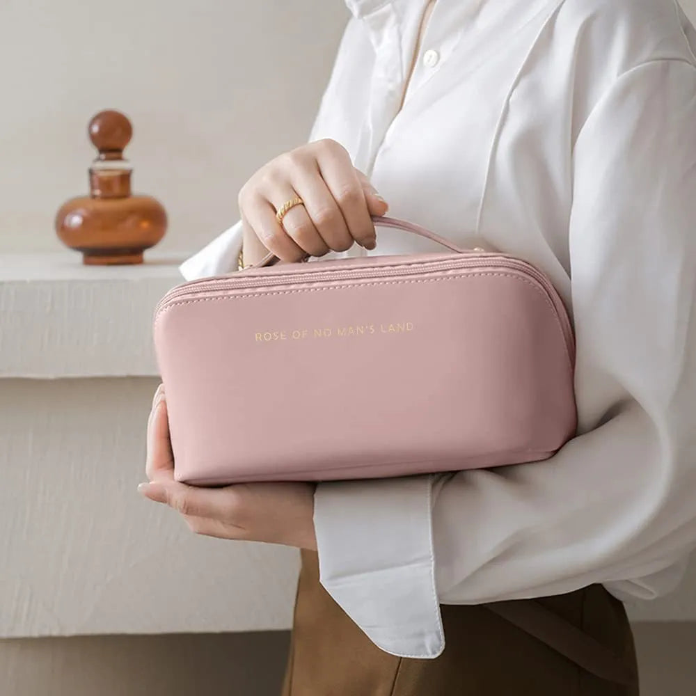 Large capacity PU leather travel cosmetic bag with handle, double-layer design, wire-inserted opening, black colour
