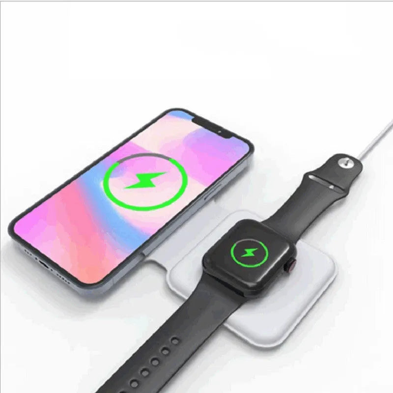 White 2 in 1 magnetic wireless charger with foldable design showing dual charging surfaces