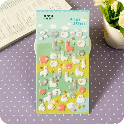 Sheet of cartoon-themed three-dimensional bubble stickers with raised surfaces on various designs like an alpaca, dinosaur, and bow tie cat.
