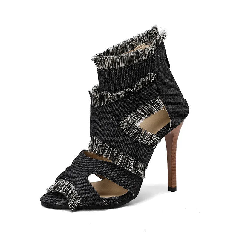Plus size denim high heel sandals in leopard print, plaid and dark blue colours