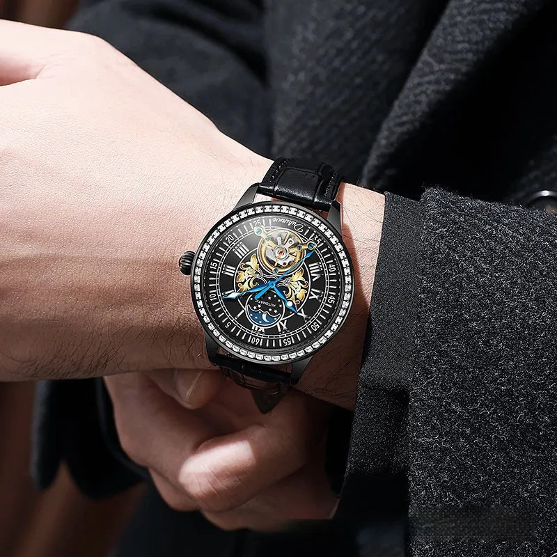 Men's stainless steel mechanical watch with a round dial, transparent case back, and a butterfly buckle.