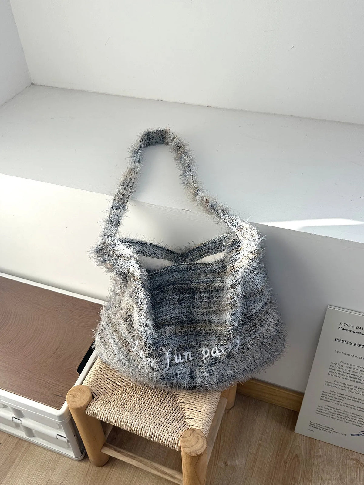 Plush shoulder bag with alphabet embroidery and tassel, horizontal square shape, soft plush finish, single shoulder strap, five colours denim blue green purple sea salt blue yellow