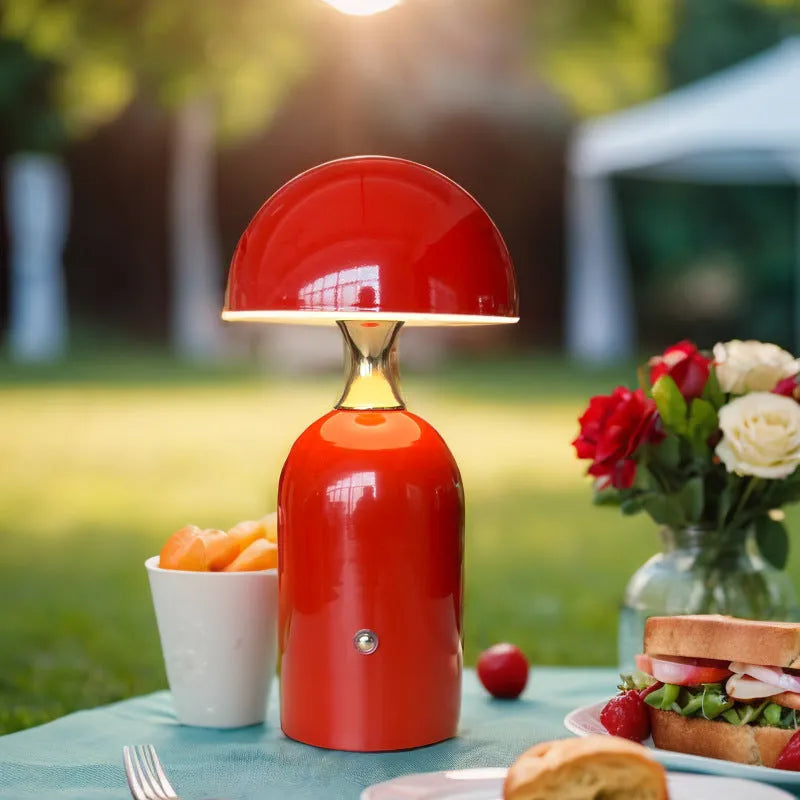 Mushroom charging lamp with geometric stereo shape, built-in battery, shown in red, blue, and yellow colour options